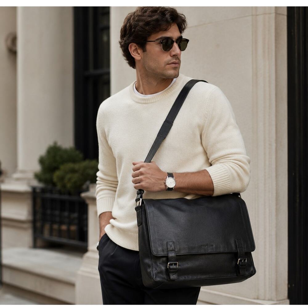 Cole Haan Black Leather Messenger Laptop Bag Briefcase Crossbody Work Travel